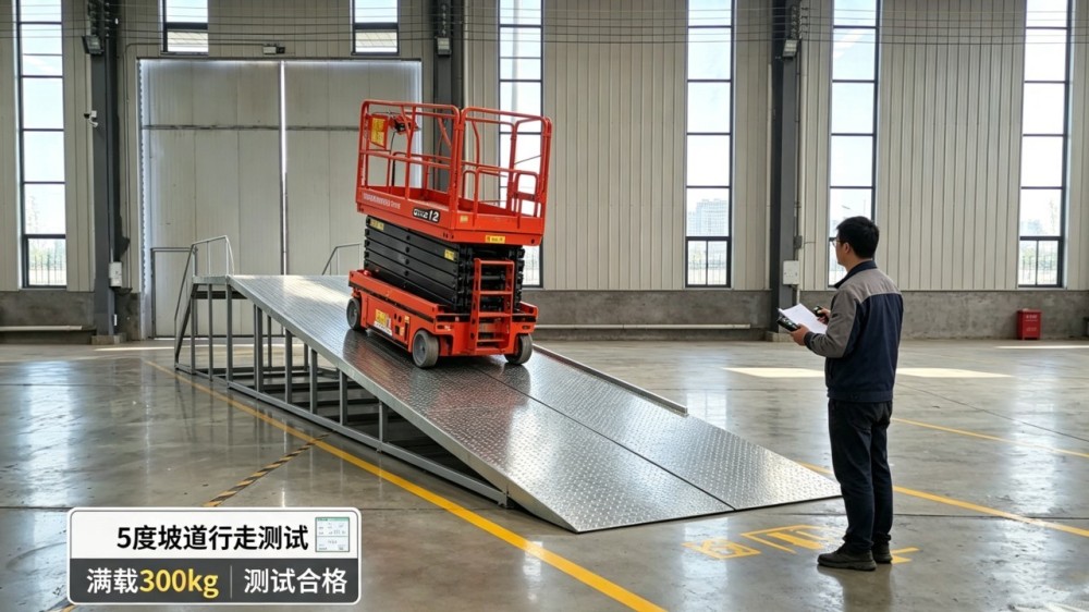 自行式高空作业平台出厂前在模拟坡道上做行走测试的实拍图
