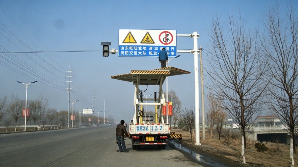 工人使用高空升降平台车进行作业的场景图