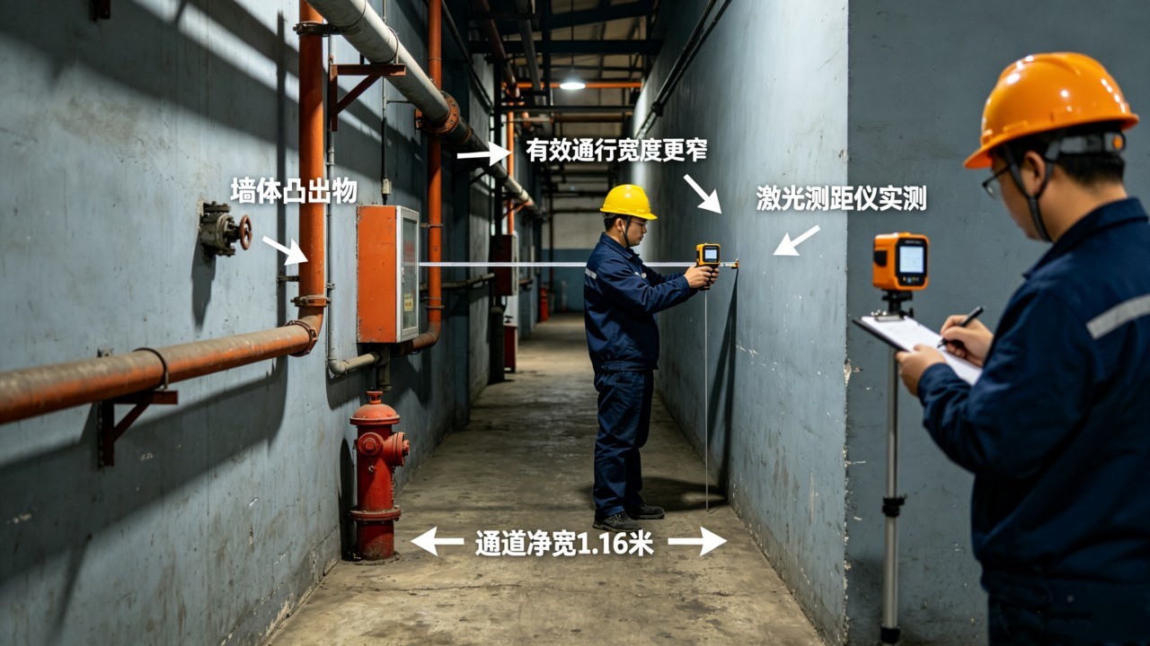 技术员使用激光测距仪测量通道宽度，标注墙体凸出物与净宽数据.jpg