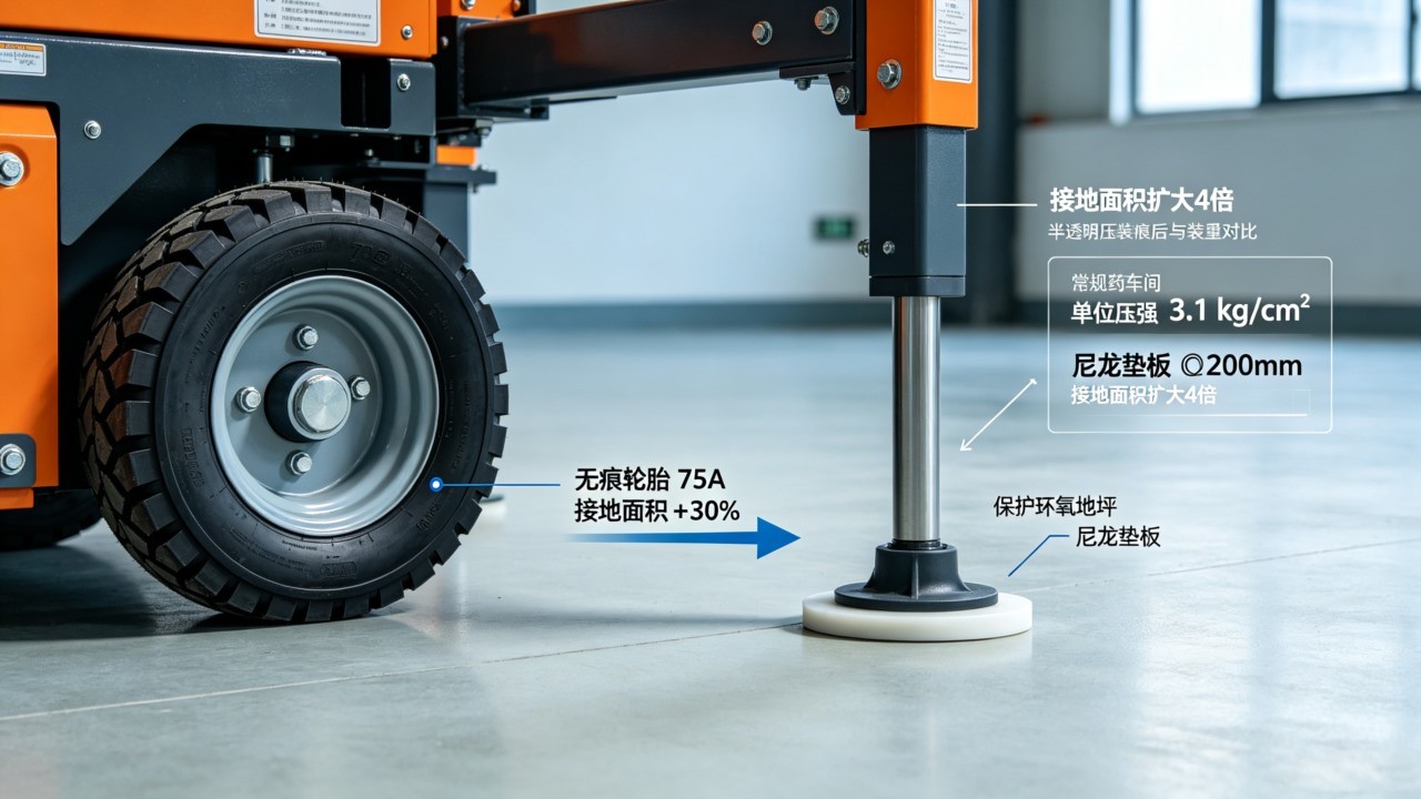 设备支腿底部加装尼龙垫板与无痕轮胎特写.jpg