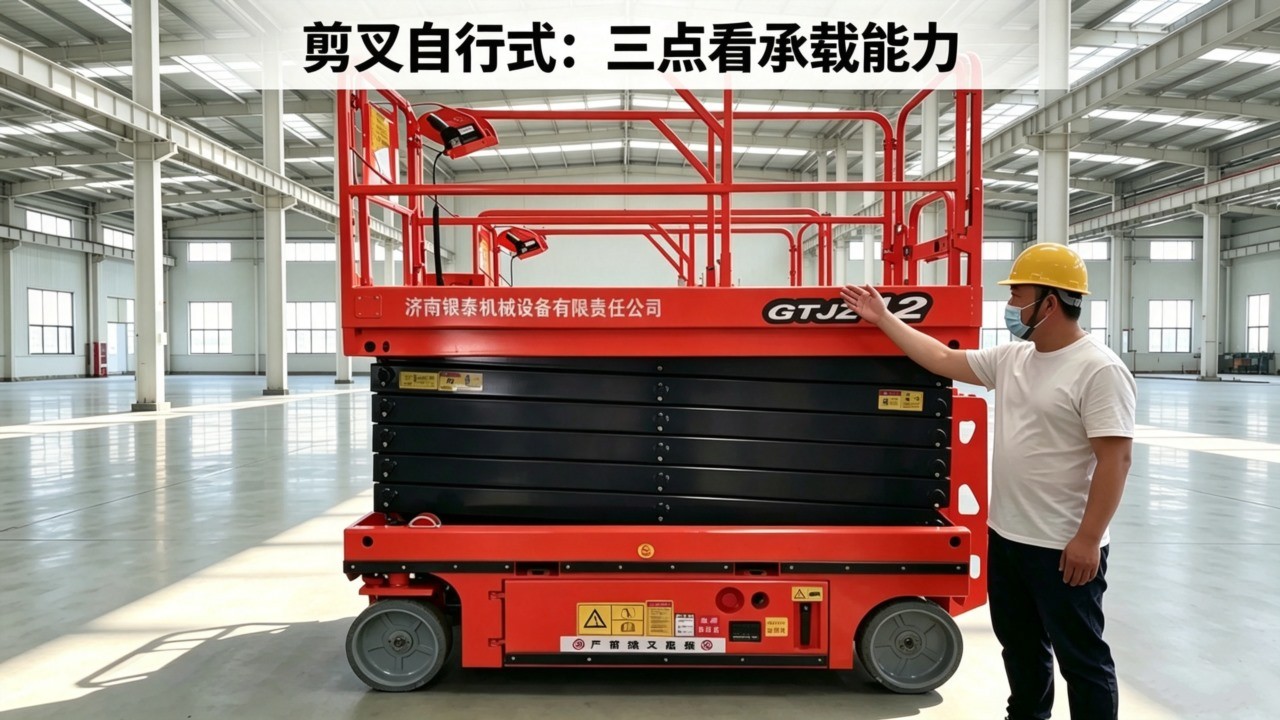 剪叉自行式升降平台车侧面实拍图