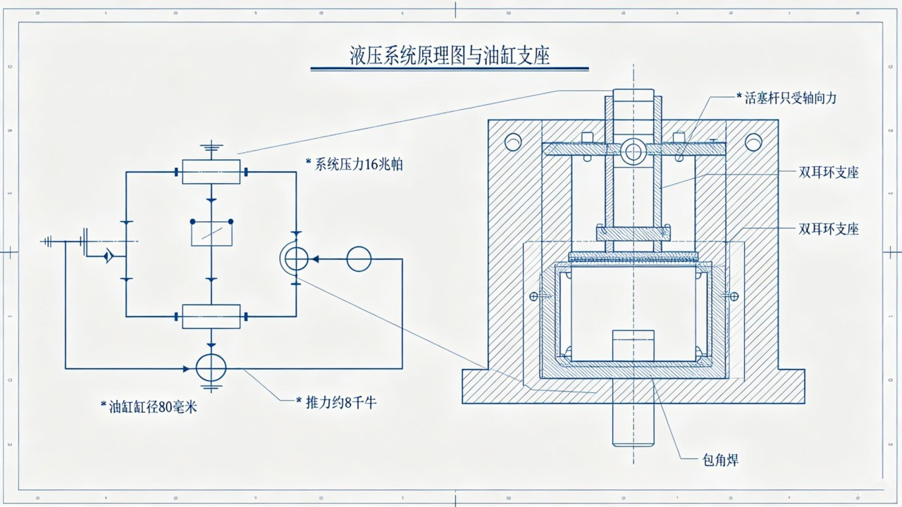 液压系统原理图及油缸支座结构图